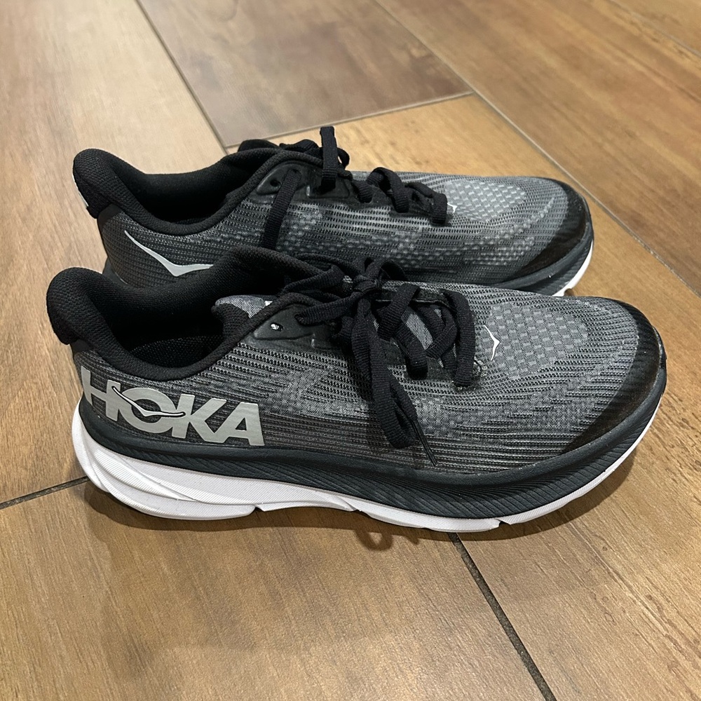 Hoka Clifton Black and White Athletic Sneakers